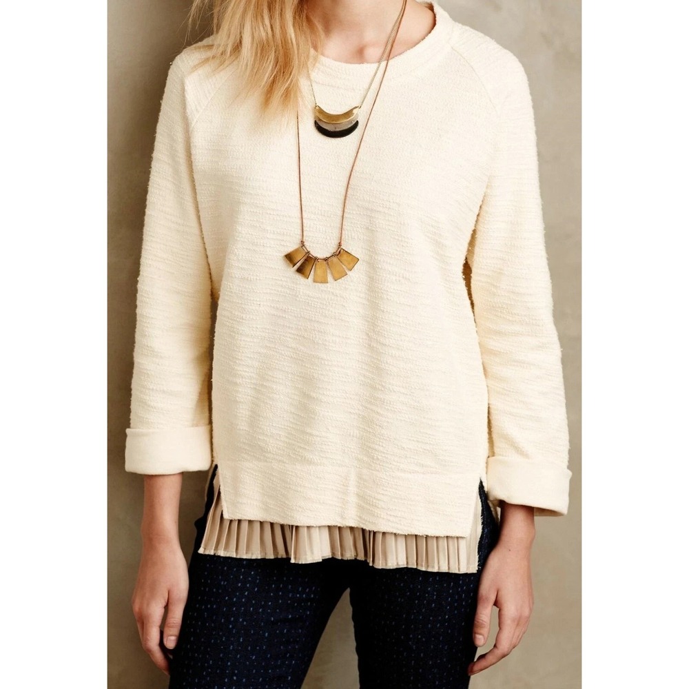 Anthropologie Undiscovered Eye Top Size M Beige Textured Pullover Pleated Hem